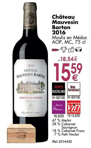 Promoties Château mauvesin barton moulis en médoc - Rode wijnen - Geldig van 30/09/2019 tot 28/10/2019 bij Cora