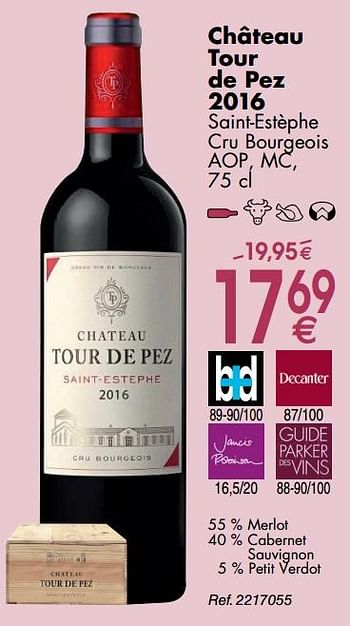 Promoties Château tour de pez 2016 saint-estèphe cru bourgeois - Rode wijnen - Geldig van 30/09/2019 tot 28/10/2019 bij Cora