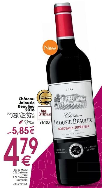Promotions Château jalousie beaulieu bordeaux supérieur - Vins rouges - Valide de 30/09/2019 à 28/10/2019 chez Cora