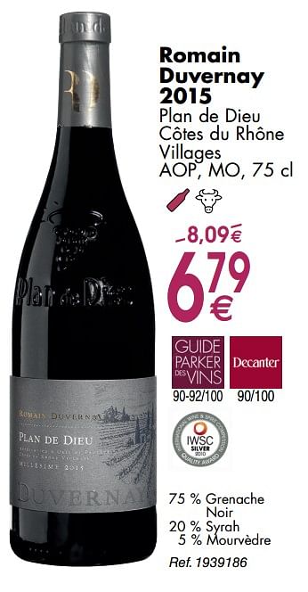 Promotions Romain duvernay 2015 plan de dieu côtes du rhône villages - Vins rouges - Valide de 30/09/2019 à 28/10/2019 chez Cora