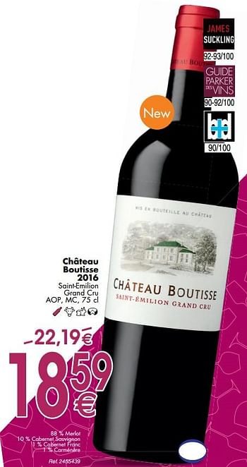 Promoties Château boutisse 2016 saint-emilion grand cru - Rode wijnen - Geldig van 30/09/2019 tot 28/10/2019 bij Cora