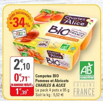 Promoties Compotes bio pommes et abricots charles + alice - Charles & Alice  - Geldig van 25/09/2019 tot 06/10/2019 bij G20