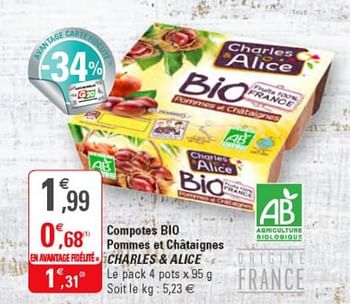 Promoties Compotes bio pommes et châtaignes charles + alice - Charles & Alice  - Geldig van 25/09/2019 tot 06/10/2019 bij G20