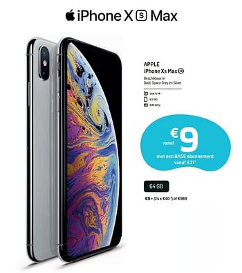 Promoties Apple iphone xs max 64gb - Apple - Geldig van 30/09/2019 tot 11/11/2019 bij Base