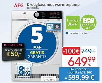 Promotions Aeg droogkast met warmtepomp t8dbe84w - AEG - Valide de 01/10/2019 à 28/10/2019 chez Eldi