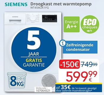 Promoties Siemens droogkast met warmtepomp wt45m2k1fg - Siemens - Geldig van 01/10/2019 tot 28/10/2019 bij Eldi