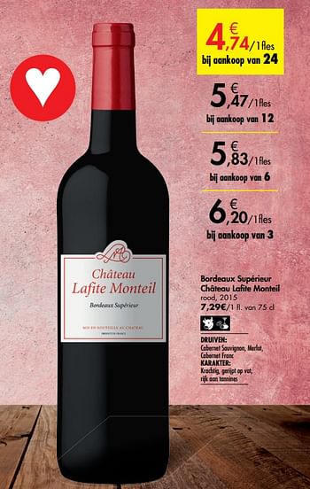 Promoties Bordeaux supérieur château lafite monteil rood - Rode wijnen - Geldig van 26/09/2019 tot 22/10/2019 bij Carrefour