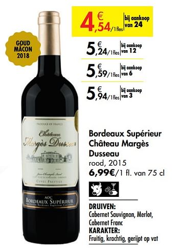 Promoties Bordeaux supérieur château margès dusseau rood - Rode wijnen - Geldig van 26/09/2019 tot 22/10/2019 bij Carrefour