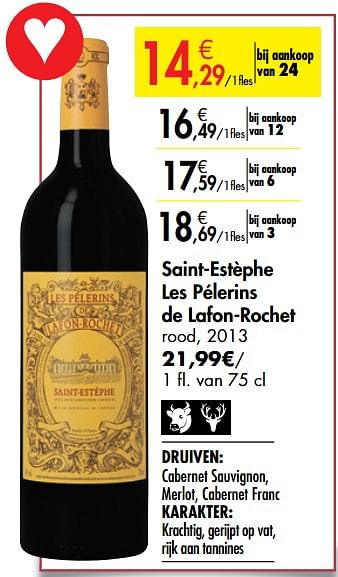 Promoties Saint-estèphe les pélerins de lafon-rochet rood - Rode wijnen - Geldig van 26/09/2019 tot 22/10/2019 bij Carrefour