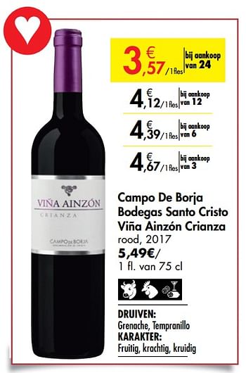 Promoties Campo de borja bodegas santo cristo viña ainzón crianza rood - Rode wijnen - Geldig van 26/09/2019 tot 22/10/2019 bij Carrefour