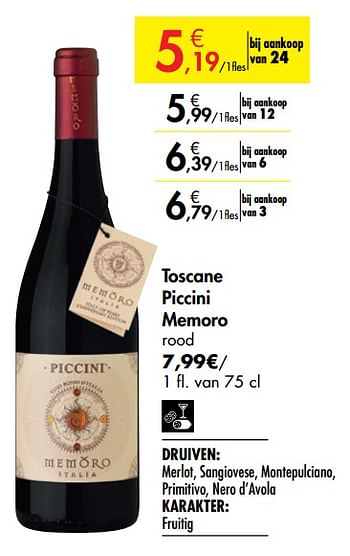 Promoties Toscane piccini memoro rood - Rode wijnen - Geldig van 26/09/2019 tot 22/10/2019 bij Carrefour
