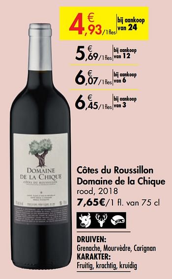 Promoties Côtes du roussillon domaine de la chique rood - Rode wijnen - Geldig van 26/09/2019 tot 22/10/2019 bij Carrefour