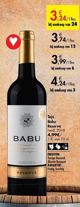 Promotions Tejo babu reserva rood - Vins rouges - Valide de 26/09/2019 à 22/10/2019 chez Carrefour