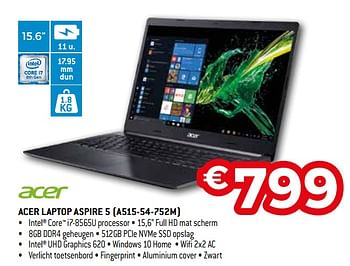 Promoties Acer laptop aspire 5 a515-54-752m - Acer - Geldig van 01/10/2019 tot 31/10/2019 bij Exellent