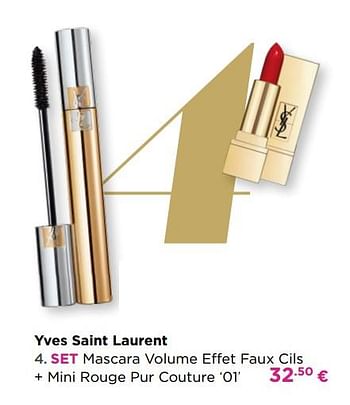 Promotions Yves saint laurent set mascara volume effet faux cils + mini rouge pur couture 01 - Yves Saint Laurent - Valide de 30/09/2019 à 27/10/2019 chez ICI PARIS XL