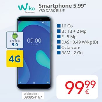 Promotions Wiko smartphone 5,99`` y80 dark blue - Wiko - Valide de 01/10/2019 à 28/10/2019 chez Eldi