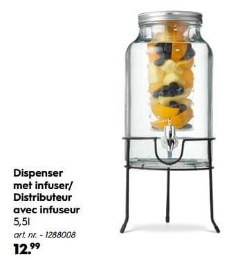 Promotions Dispenser met infuser- distributeur avec infuseur - Produit maison - Blokker - Valide de 30/09/2019 à 27/10/2019 chez Blokker