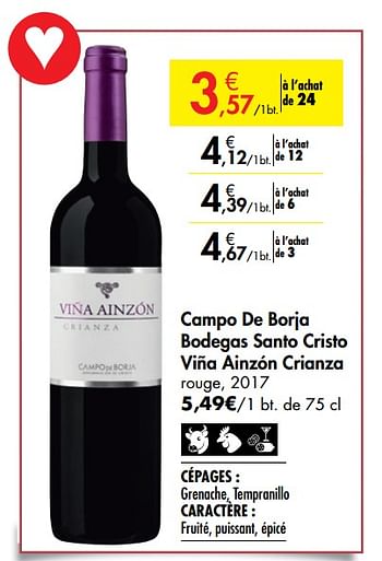 Promotions Campo de borja bodegas santo cristo viña ainzón crianza rouge, 2017 - Vins rouges - Valide de 26/09/2019 à 22/10/2019 chez Carrefour