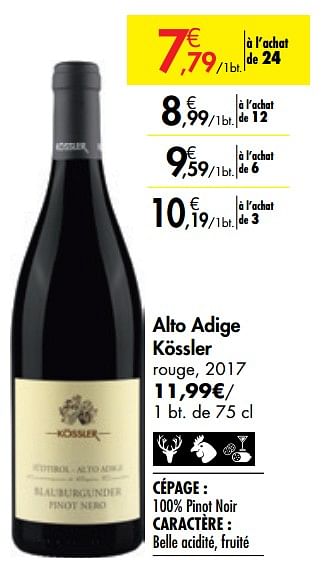 Promotions Alto adige kössler rouge, 2017 - Vins rouges - Valide de 26/09/2019 à 22/10/2019 chez Carrefour