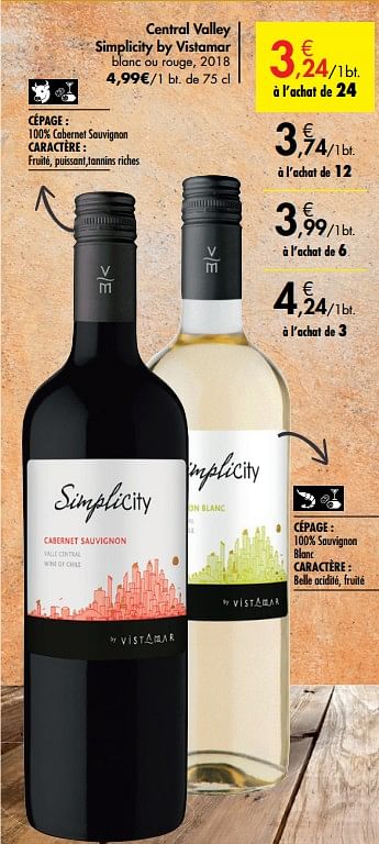 Promotions Central valley simplicity by vistamar blanc ou rouge, 2018 - Vins blancs - Valide de 26/09/2019 à 22/10/2019 chez Carrefour