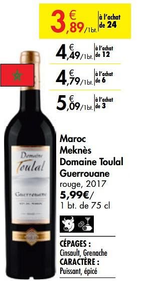 Promotions Maroc meknès domaine toulal guerrouane rouge, 2017 - Vins rouges - Valide de 26/09/2019 à 22/10/2019 chez Carrefour