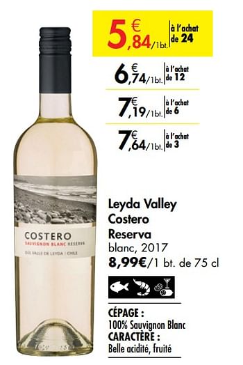 Promoties Leyda valley costero reserva blanc, 2017 - Witte wijnen - Geldig van 26/09/2019 tot 22/10/2019 bij Carrefour