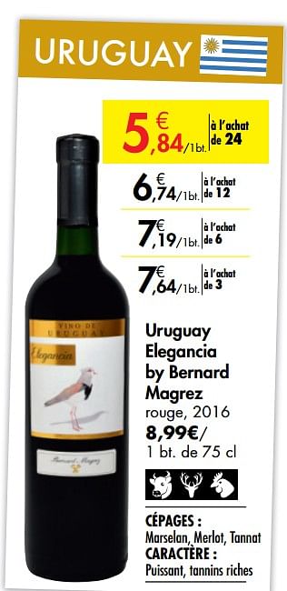Promotions Uruguay elegancia by bernard magrez rouge, 2016 - Vins rouges - Valide de 26/09/2019 à 22/10/2019 chez Carrefour
