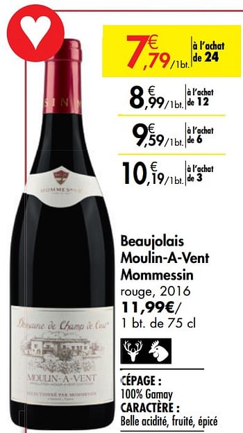 Promotions Beaujolais moulin-a-vent mommessin rouge - Vins rouges - Valide de 26/09/2019 à 22/10/2019 chez Carrefour
