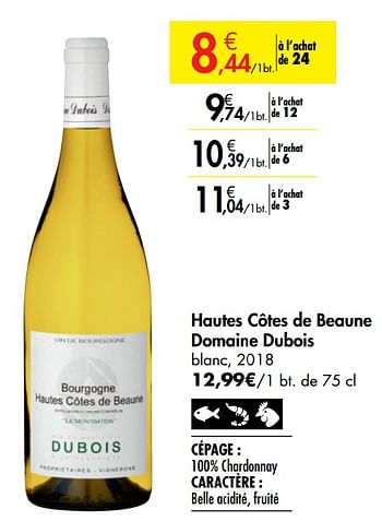 Promotions Hautes côtes de beaune domaine dubois blanc - Vins blancs - Valide de 26/09/2019 à 22/10/2019 chez Carrefour