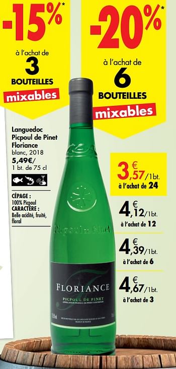 Promotions Languedoc picpoul de pinet floriance blanc - Vins blancs - Valide de 26/09/2019 à 22/10/2019 chez Carrefour