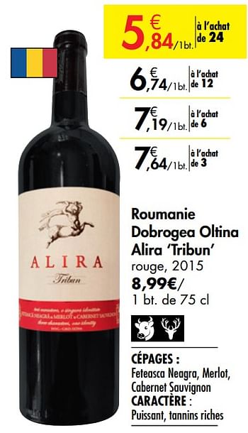 Promotions Roumanie dobrogea oltina alira `tribun` rouge - Vins rouges - Valide de 26/09/2019 à 22/10/2019 chez Carrefour