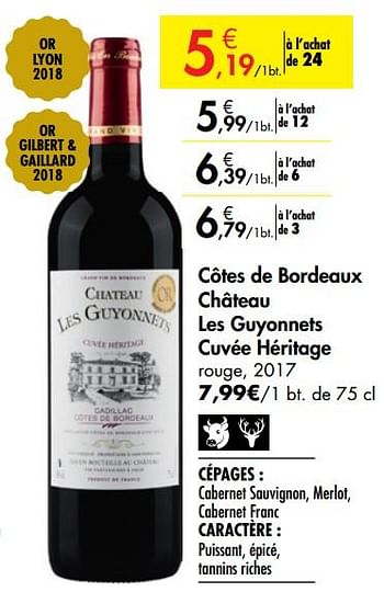Promoties Côtes de bordeaux château les guyonnets cuvée héritage rouge - Rode wijnen - Geldig van 26/09/2019 tot 22/10/2019 bij Carrefour