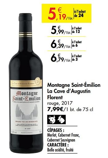 Promoties Montagne saint-émilion la cave d`augustin florent rouge - Rode wijnen - Geldig van 26/09/2019 tot 22/10/2019 bij Carrefour
