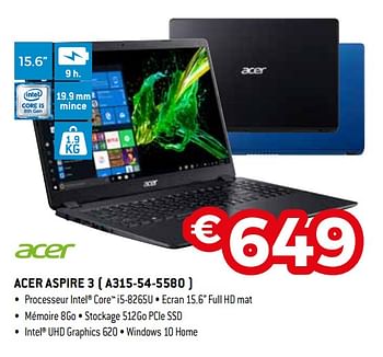 Promotions Acer aspire 3 a315-54-5580 - Acer - Valide de 01/10/2019 à 31/10/2019 chez Exellent