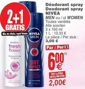 Promoties Déodorant spray deodorant spray nivea men ou - of women - Nivea - Geldig van 08/10/2019 tot 14/10/2019 bij Cora