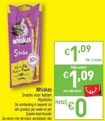 Promoties Whiskas snacks voor katten kipstick - Whiskas - Geldig van 08/10/2019 tot 12/10/2019 bij Intermarche