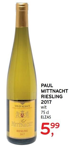 Promoties Paul mittnacht riesling 2017 wit - Witte wijnen - Geldig van 09/10/2019 tot 22/10/2019 bij Alvo
