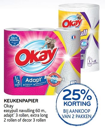 Promoties Keukenpapier okay 25% korting bij aankoop van 2 pakken - Huismerk - Okay  - Geldig van 09/10/2019 tot 22/10/2019 bij Alvo