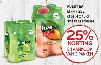Promoties Fuze tea blik 4 x 25 cl of pet 4 x 40 cl 25% korting bij aankoop van 2 pakken - FuzeTea - Geldig van 09/10/2019 tot 22/10/2019 bij Alvo