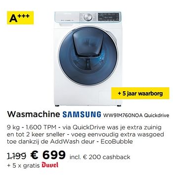 Promoties Wasmachine samsung ww91m760noa quickdrive - Samsung - Geldig van 01/10/2019 tot 30/10/2019 bij Molecule