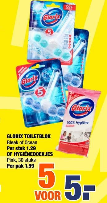 Promoties Glorix toiletblok of hygiënedoekjes - Glorix - Geldig van 07/10/2019 tot 20/10/2019 bij Big Bazar