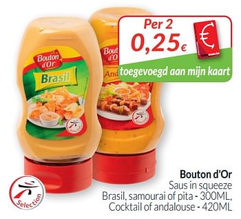 Promoties Bouton d`or saus in squeeze brasil, samourai of pita - Bouton D'Or - Geldig van 01/10/2019 tot 31/10/2019 bij Intermarche