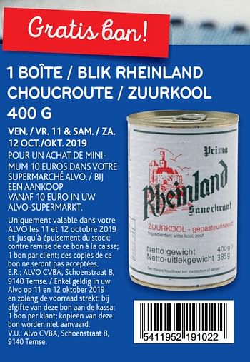 Promotions 1 boîte choucroute - Rheinland - Valide de 09/10/2019 à 22/10/2019 chez Alvo