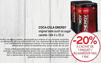 Promoties Coca-cola energy original taste ou no sugar -20% à l`achat de 1 paquet - Energy - Geldig van 09/10/2019 tot 22/10/2019 bij Alvo