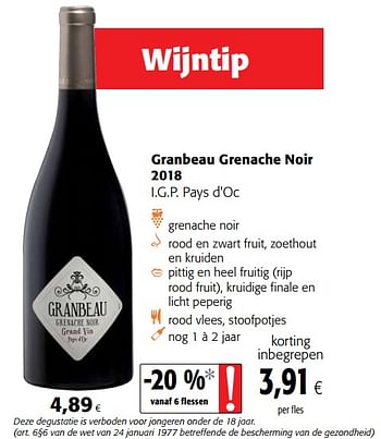 Promoties Granbeau grenache noir 2018 i.g.p. pays d`oc - Rode wijnen - Geldig van 09/10/2019 tot 22/10/2019 bij Colruyt