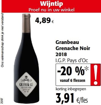 Promoties Granbeau grenache noir - Rode wijnen - Geldig van 09/10/2019 tot 22/10/2019 bij Colruyt