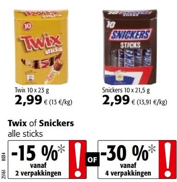 Promoties Twix of snickers alle sticks - Huismerk - Colruyt - Geldig van 09/10/2019 tot 22/10/2019 bij Colruyt