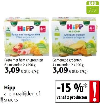 Promoties Hipp alle maaltijden of snacks - Hipp - Geldig van 09/10/2019 tot 22/10/2019 bij Colruyt