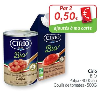 Promotions Cirio bio polpa ou coulis de tomates - CIRIO - Valide de 01/10/2019 à 31/10/2019 chez Intermarche