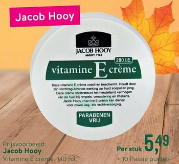 Promoties Jacob hooy vitamine e crème - Jacob Hooy - Geldig van 07/10/2019 tot 03/11/2019 bij Holland & Barret